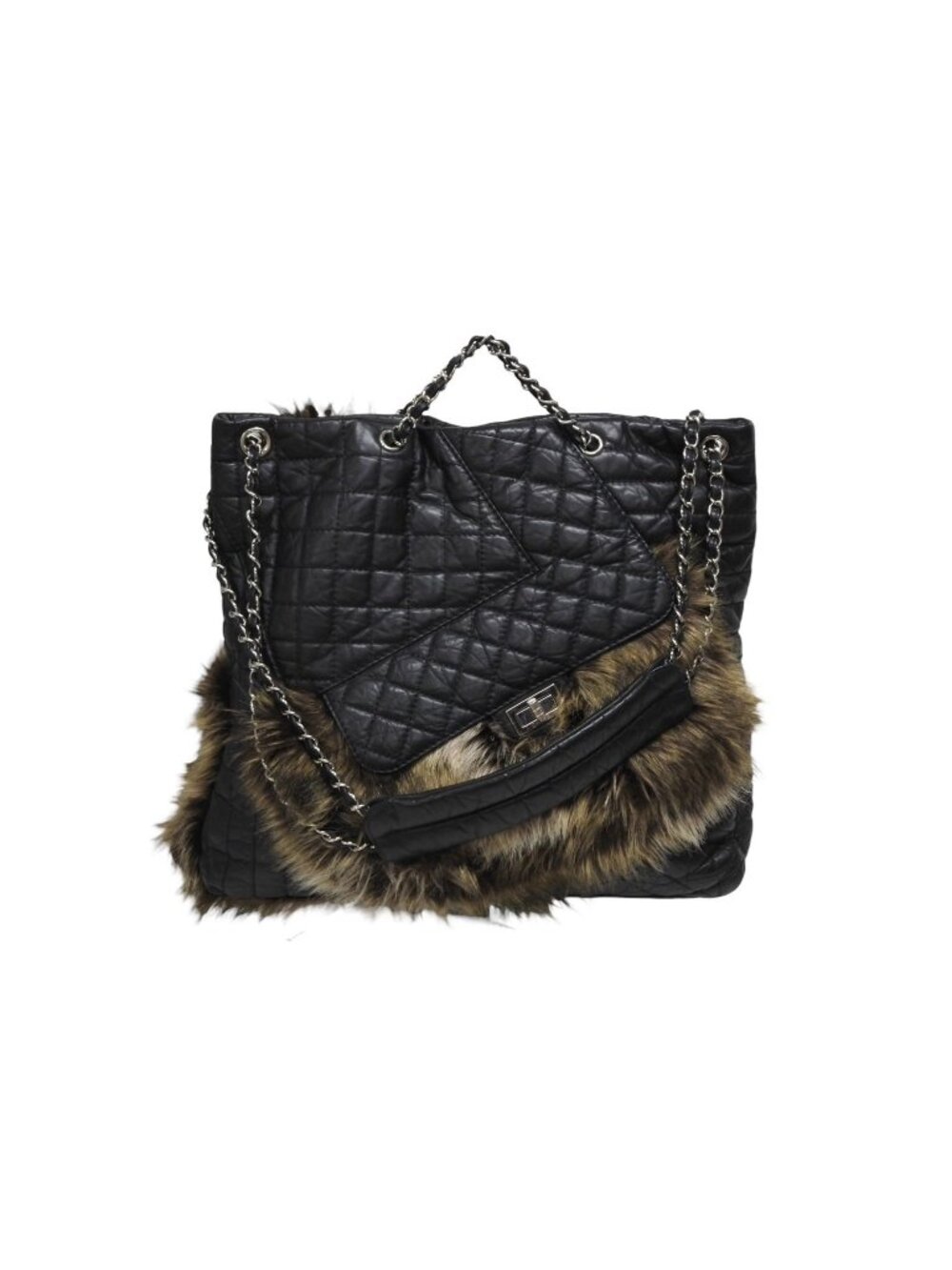 Chanel 2-Way Bag 2.55 CC Logo Calfskin Faux Fur Black Silver